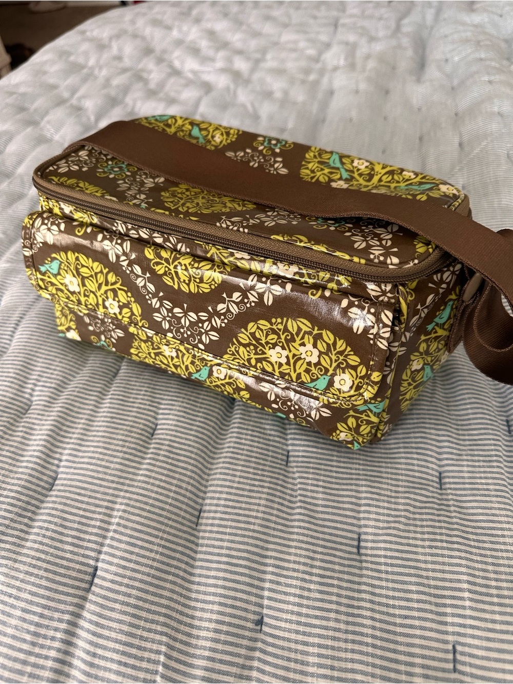Green and Brown Floral-Print Crossbody Lunch Bag
